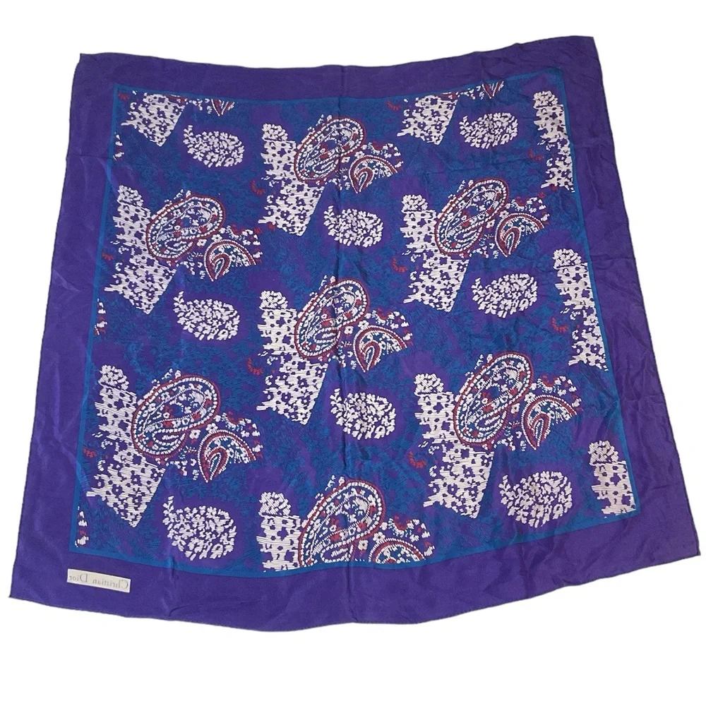 Vintage Christian Dior Silk Scarf Paisley Design Blue & Purple 34x34